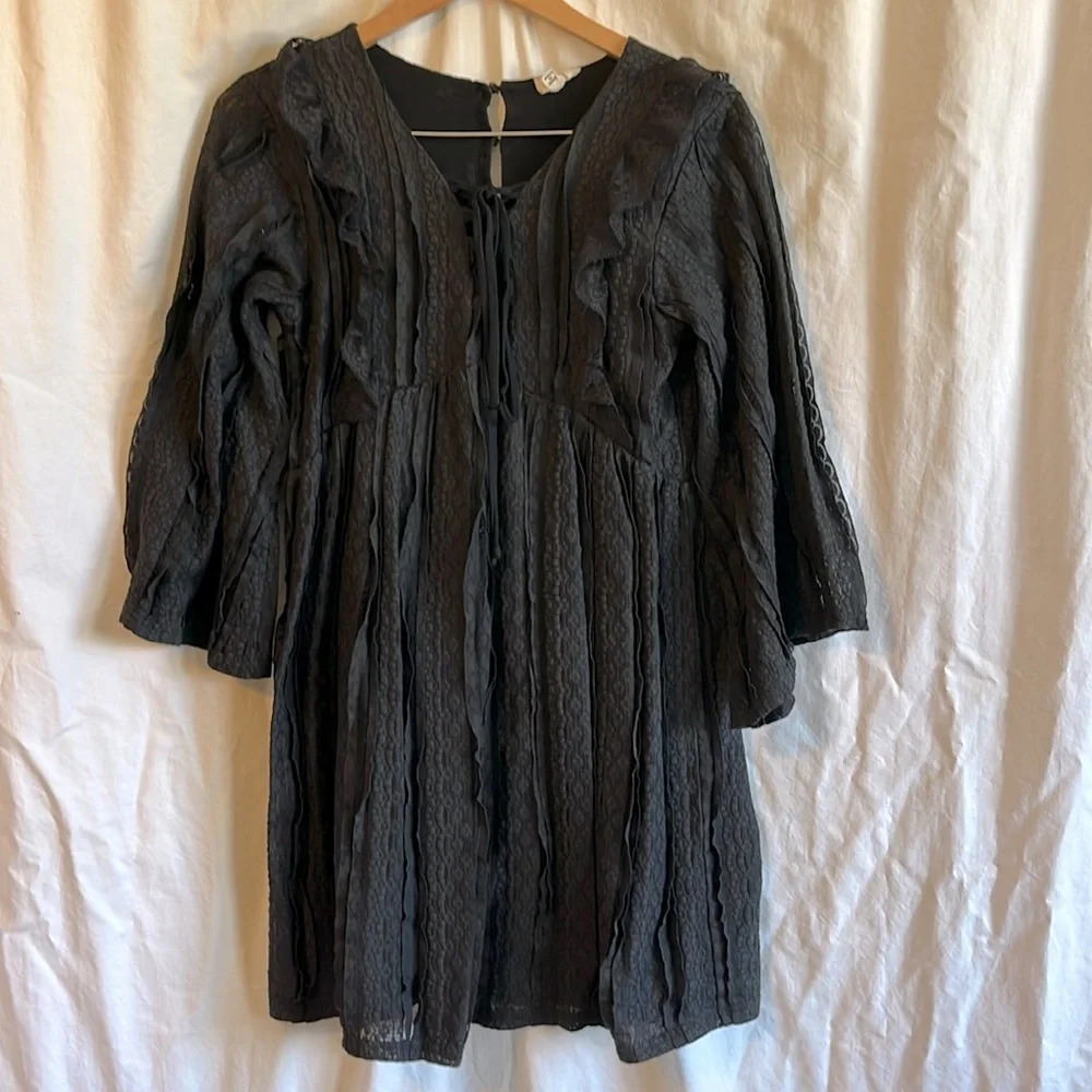 POL Lace Ruffle Lace Up Neck Bell Sleeve Mini Dress
